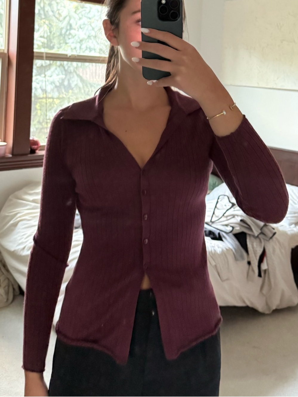 Abercrombie & Fitch Ribbed Button-Up Cardigan in Deep Maroon